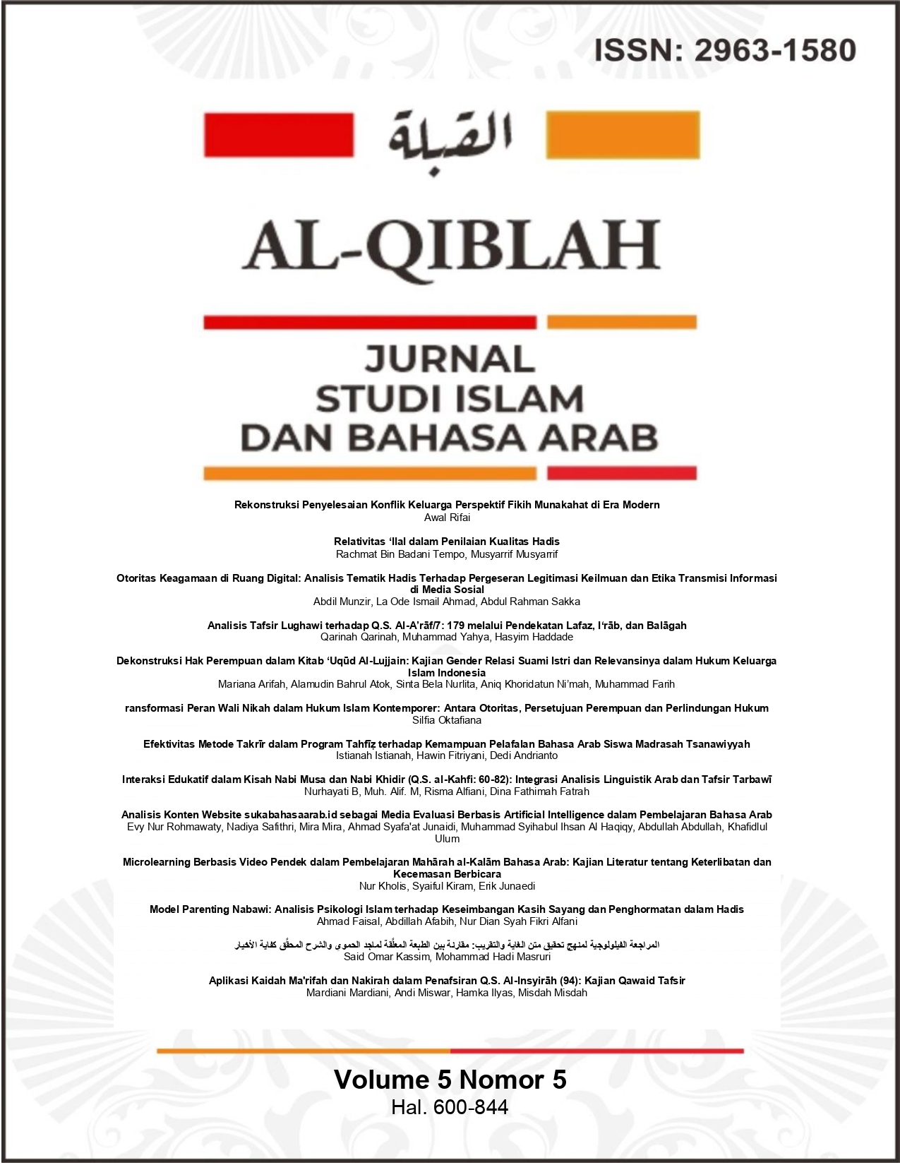					View Vol. 5 No. 5 (2026): AL-QIBLAH: Jurnal Studi Islam dan Bahasa Arab
				
